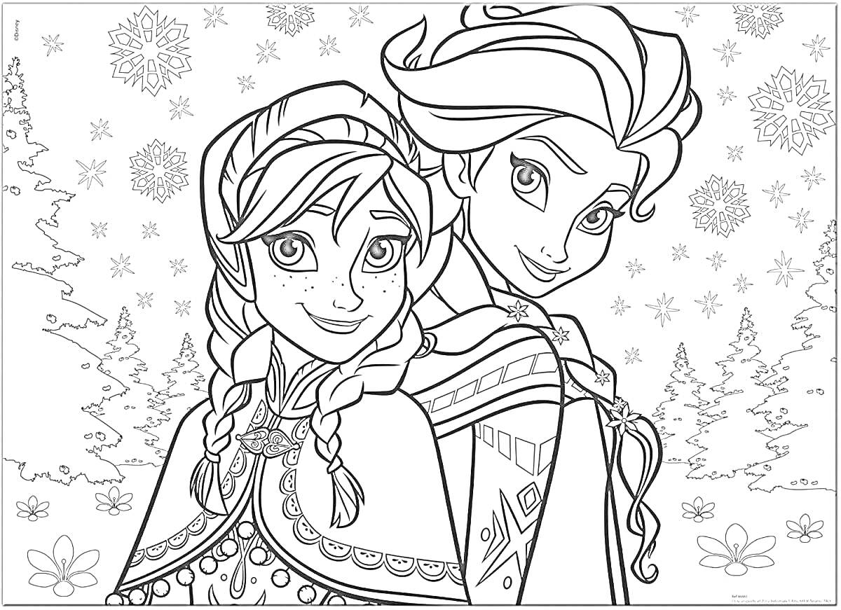 Раскраска Две девушки с косами в зимней одежде на фоне снежинок и заснеженного леса