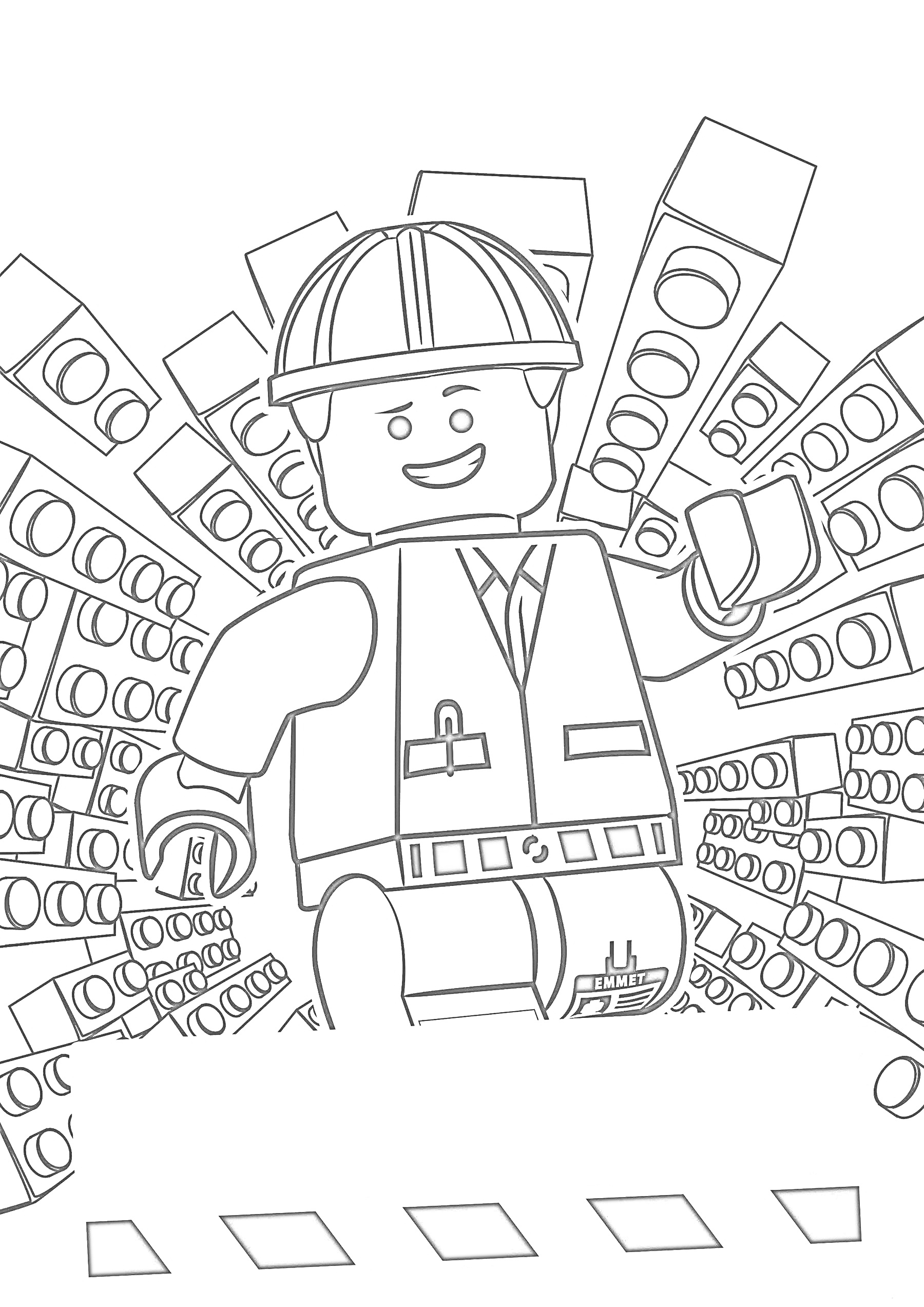 Раскраска Лего человек в строительной форме, каска, фоновый узор из блоков Лего, приветственный жест рукой
