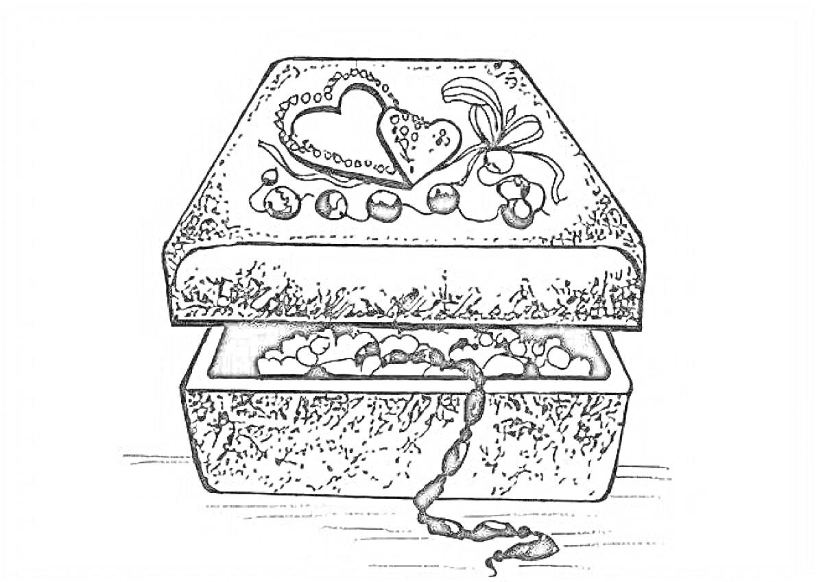 Раскраска Малахитовая шкатулка с открытой крышкой, украшенной сердцем и бусинами, содержащая жемчуг и цепочку внутри