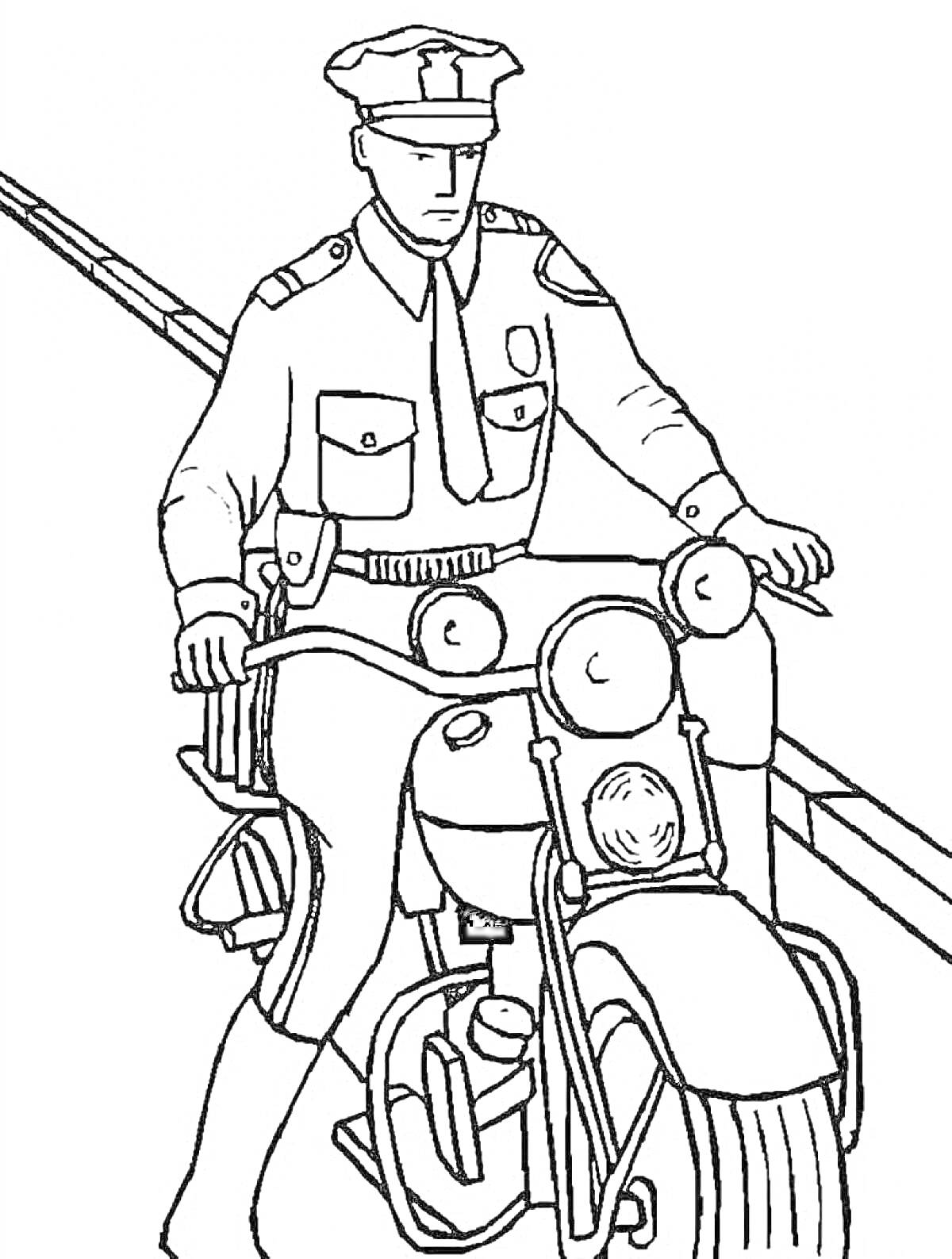 Раскраска Полицейский на мотоцикле с двумя фарами, едущий по дороге