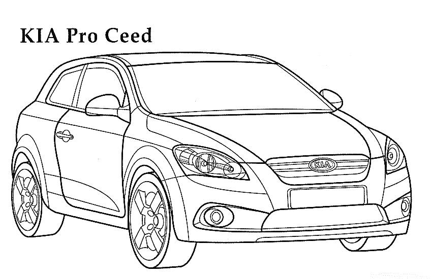 Раскраска KIA Pro Ceed, изображение автомобиля с контурами, вид спереди-сбоку