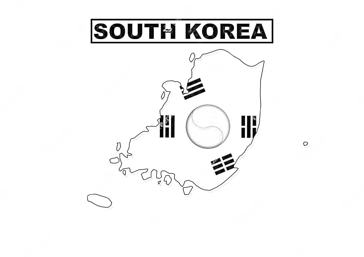 Раскраска Флаг Южной Кореи на фоне карты страны с надписью 
