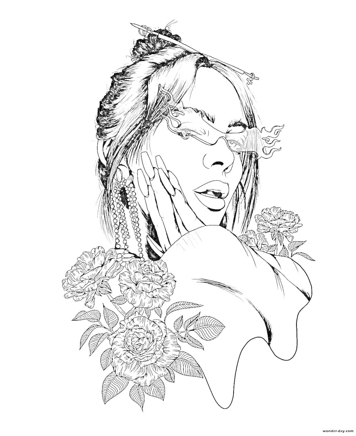 Раскраска портрет девушки с собранными волосами и цветами вокруг, очки с пламенем