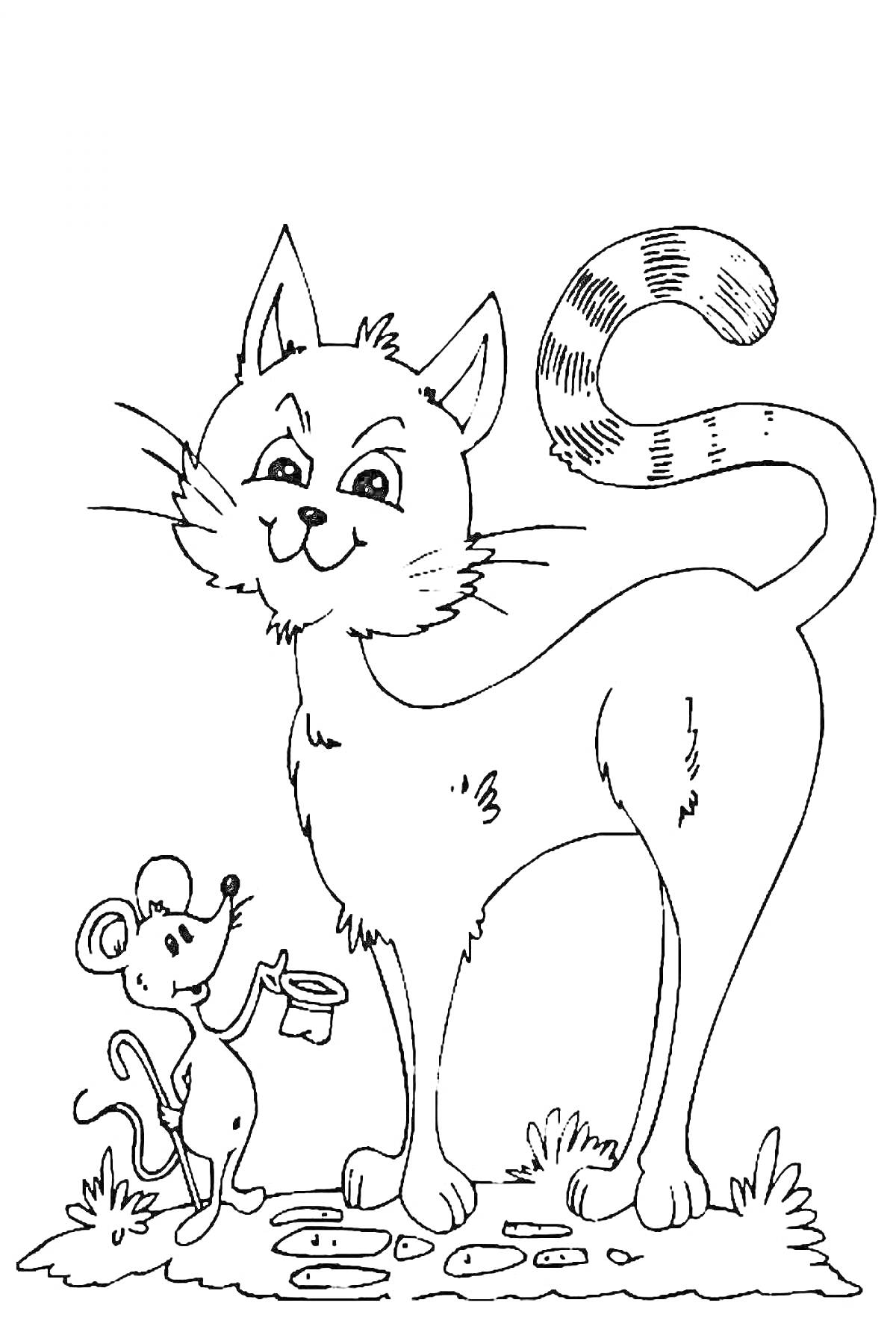 Раскраска Кошка и мышка на поляне