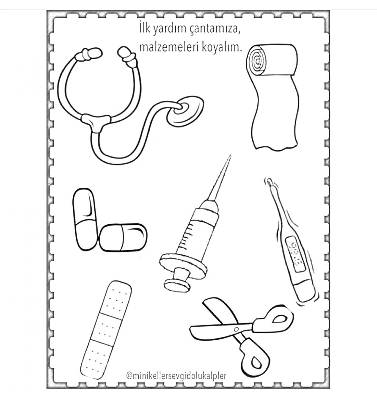 Раскраска Набор доктора (стетоскоп, бинт, таблетки, шприц, термометр, пластырь, ножницы)