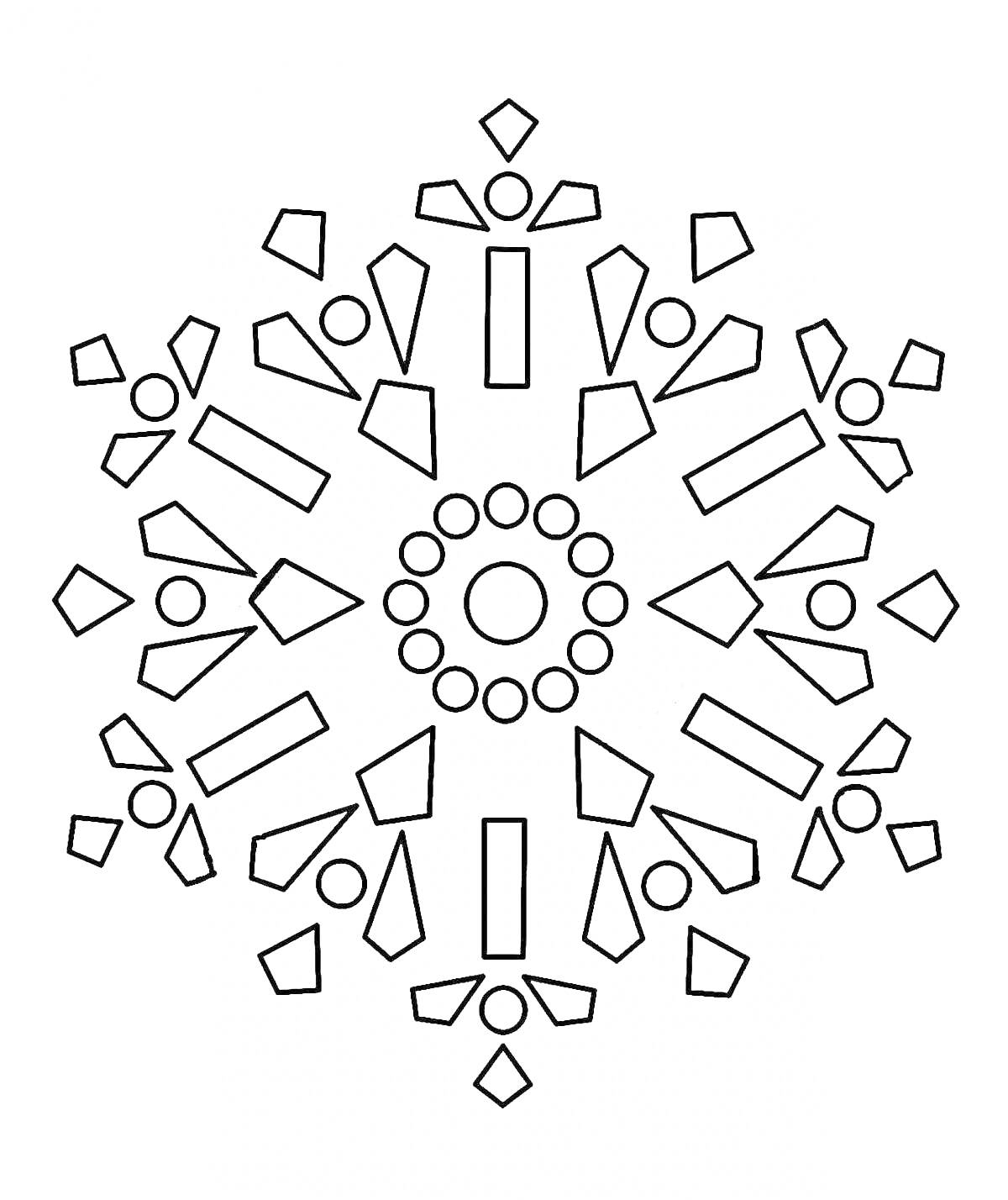 На раскраске изображено: Круги, Прямоугольники, Ромбы, Геометрия, Зима