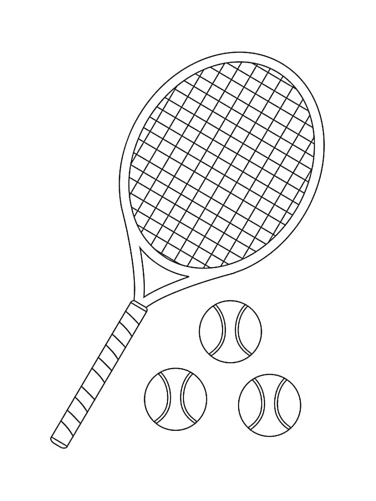 Раскраска Теннисная ракетка и три теннисных мяча