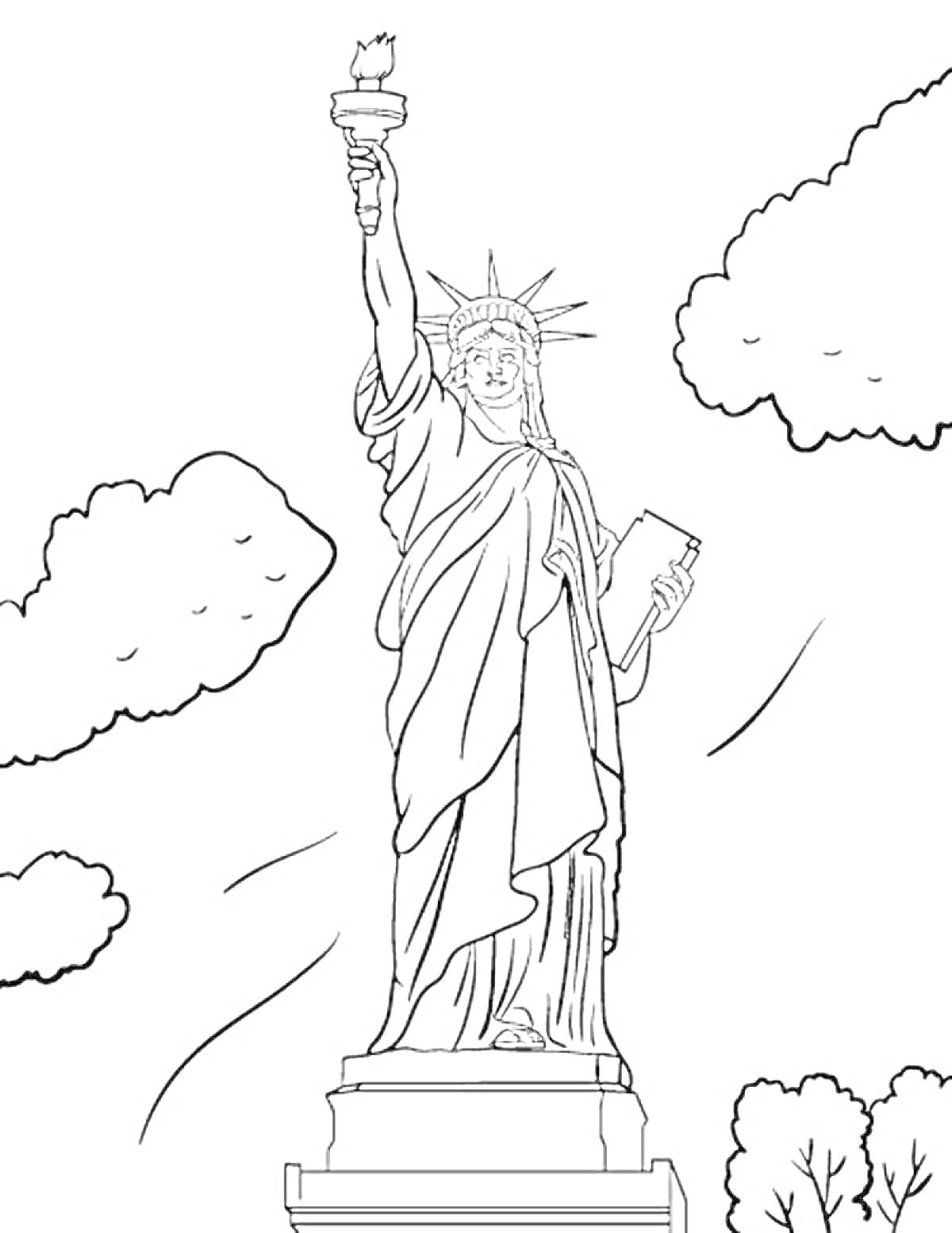 На раскраске изображено: Статуя Свободы, Облака, Деревья, Постамент, Статуя, Свобода