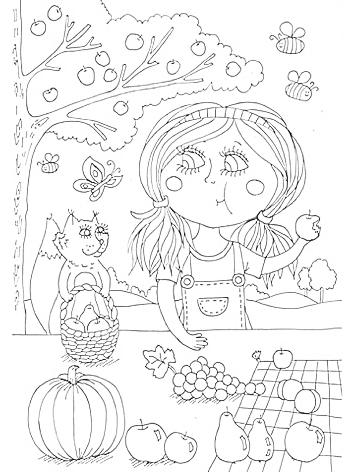 Раскраска Девочка с яблоками в саду, белка с корзинкой, дерево с яблоками, бабочка, пчёлы, виноград, тыква, пейзаж с деревьями
