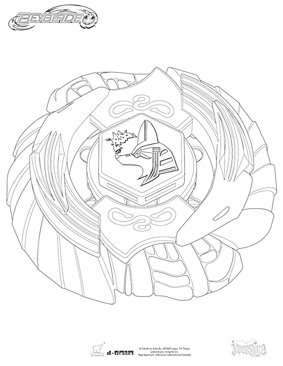 Раскраска Инфинити Надо - волчок с изображением дракона и эмблемами