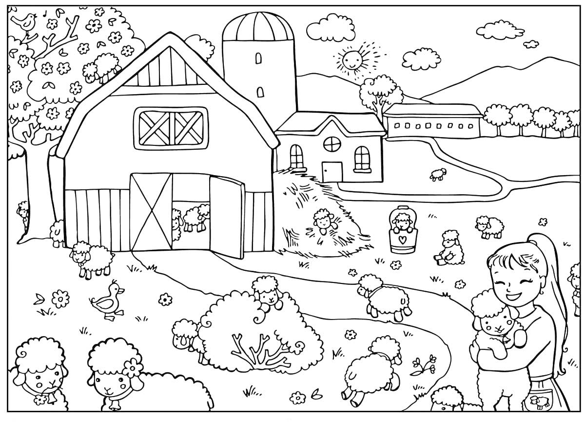 Раскраска Домик в деревне с сараем, деревом, солнечным небом, горами и полями, овцами, женщиной с ягненком