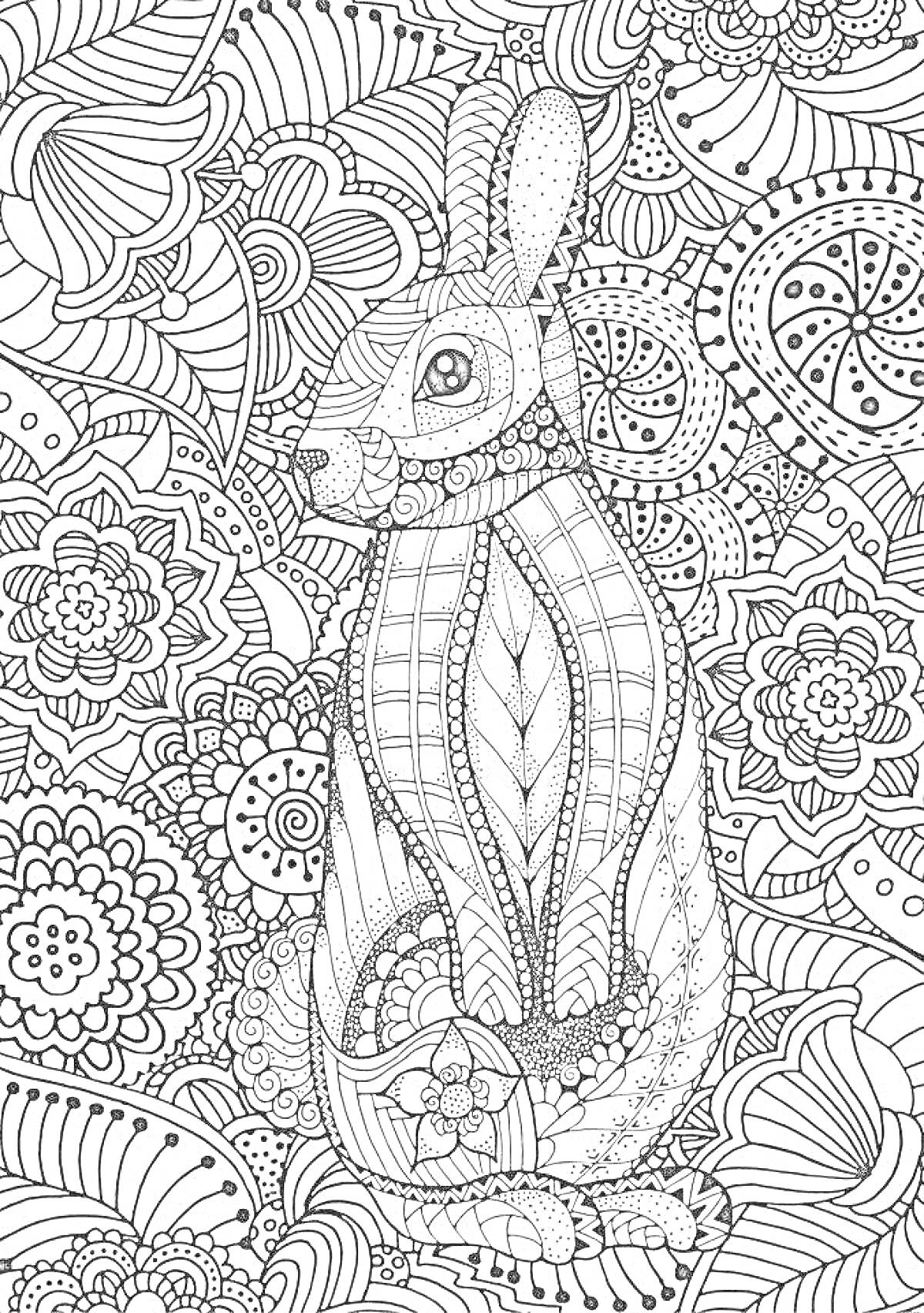 Кролик среди узоров и цветков