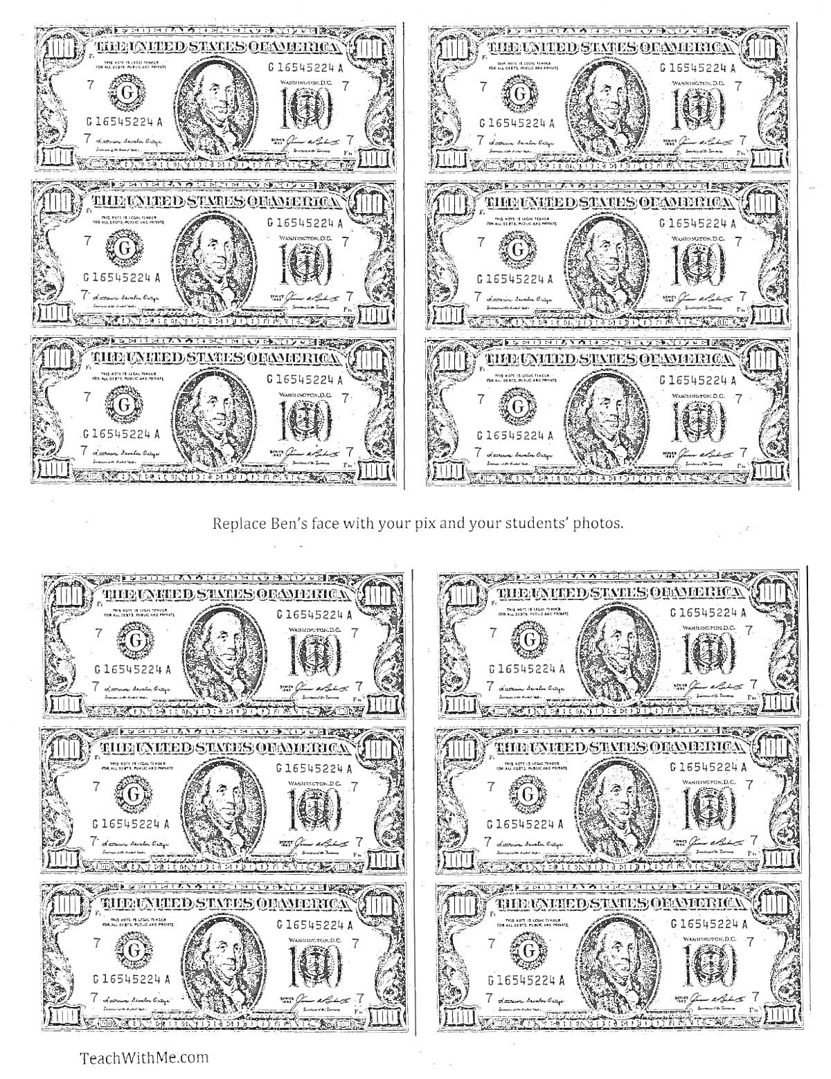 Раскраска Десять черно-белых изображений стодолларовых банкнот для раскрашивания