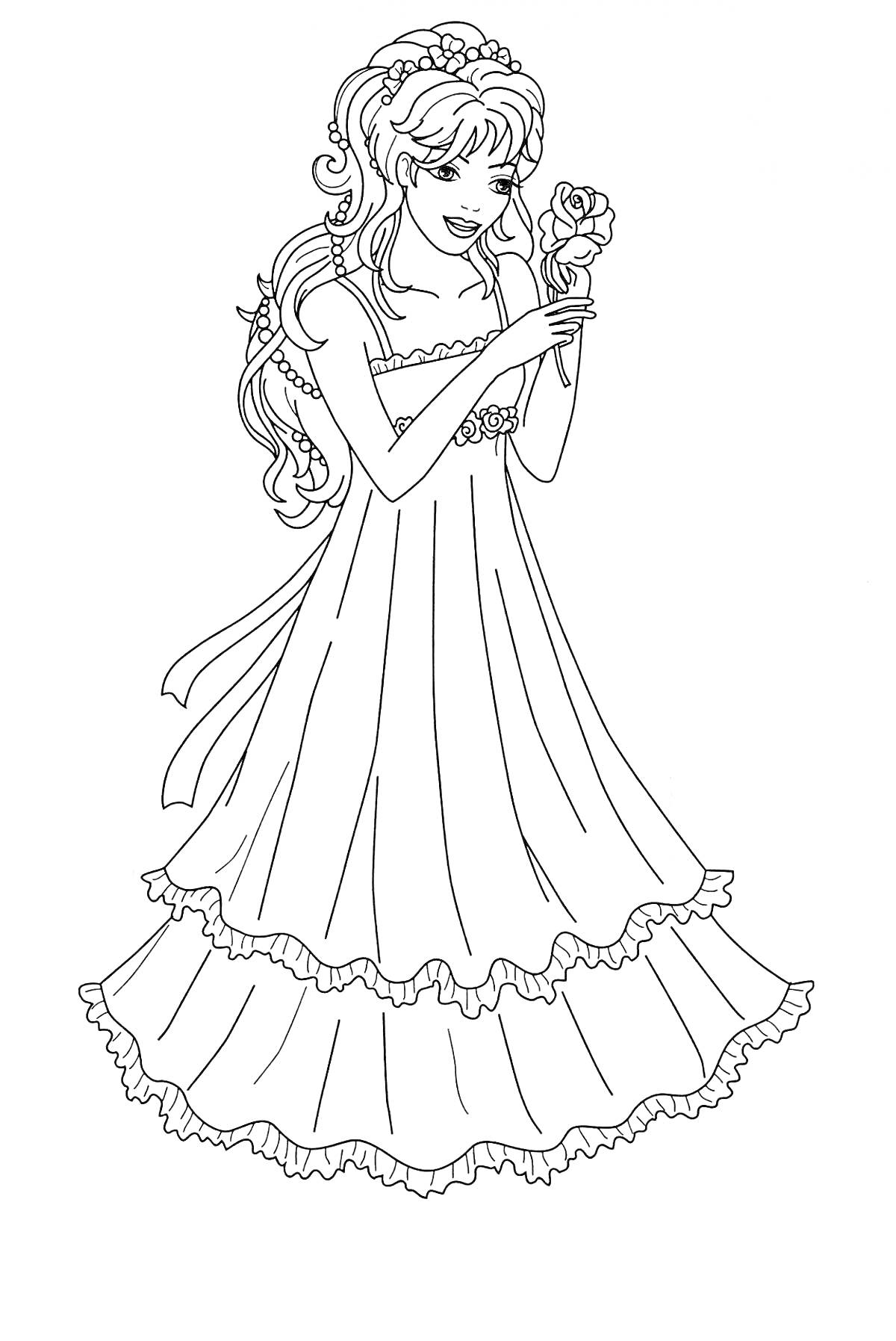 Раскраска Принцесса в длинном платье с цветком в руке
