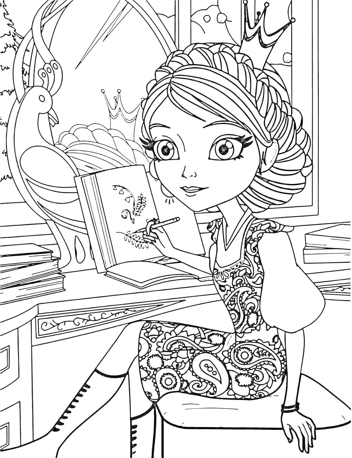 Раскраска Принцесса рисует в замке, вокруг книжный шкаф, окно с видом на природу и павлин