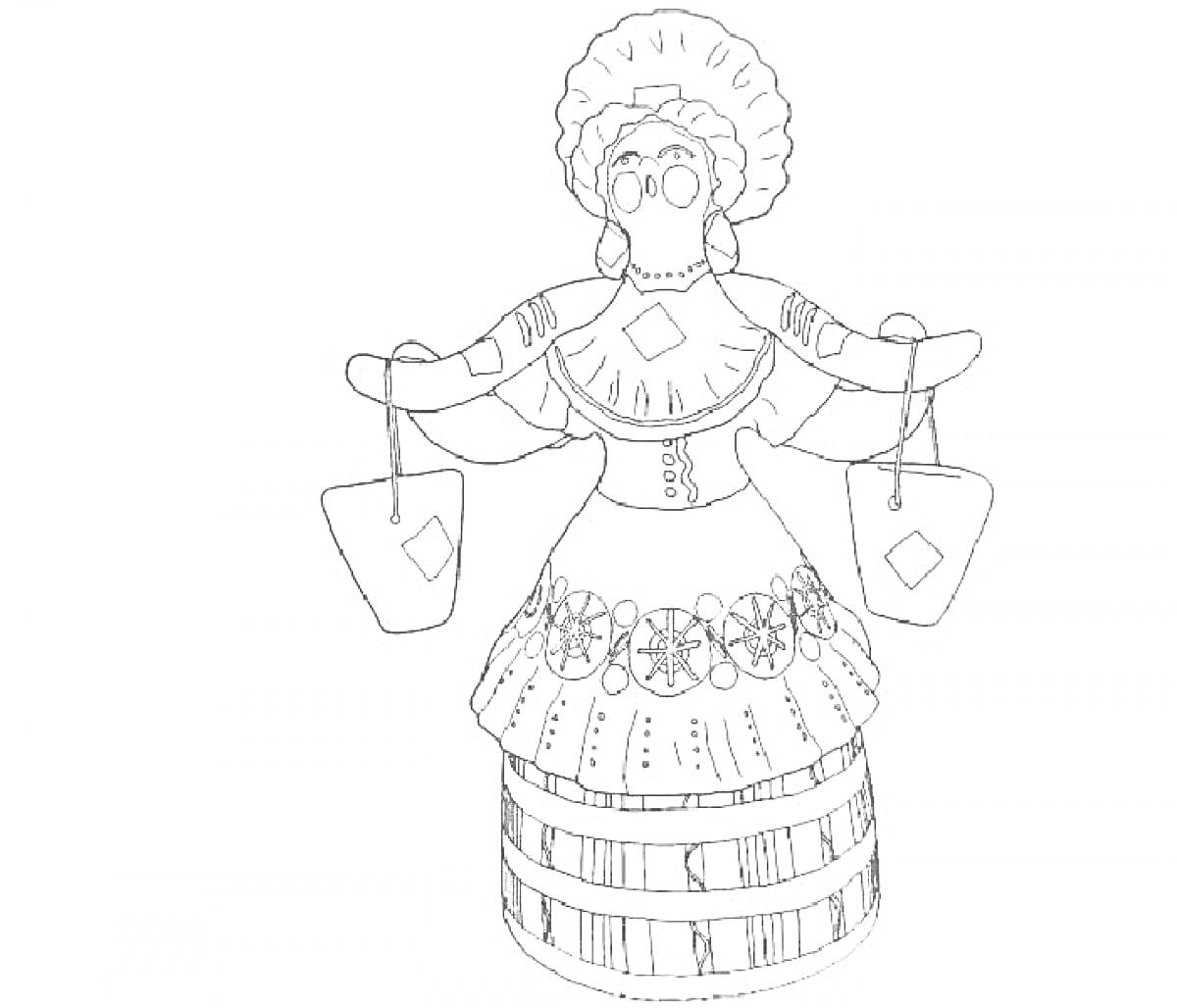 Раскраска Женщина в традиционном наряде с ведрами на коромысле, головной убор с оборками, юбка с узорами