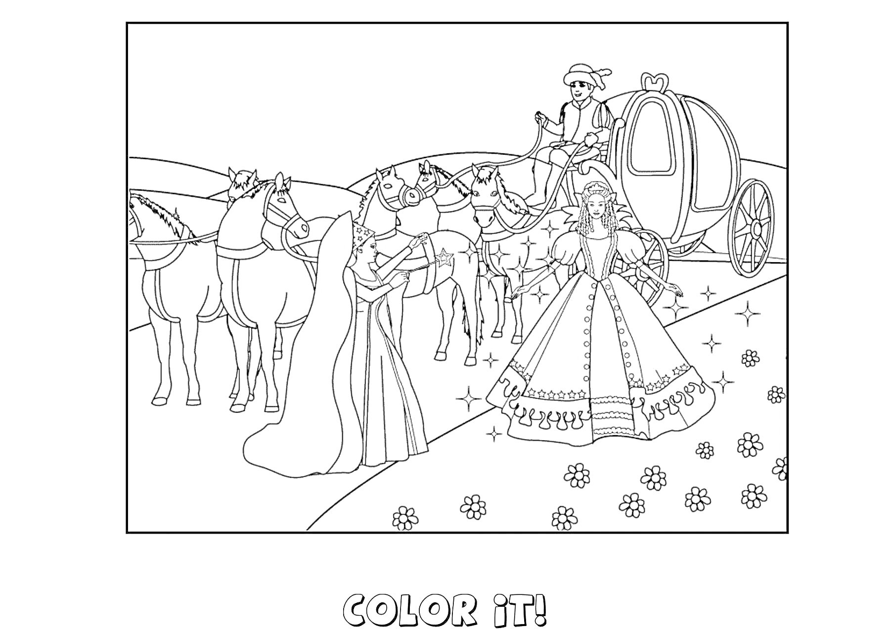 На раскраске изображено: Принцесса, Карета, Кучер, Луг, Цветы, Королевская семья, Волшебство