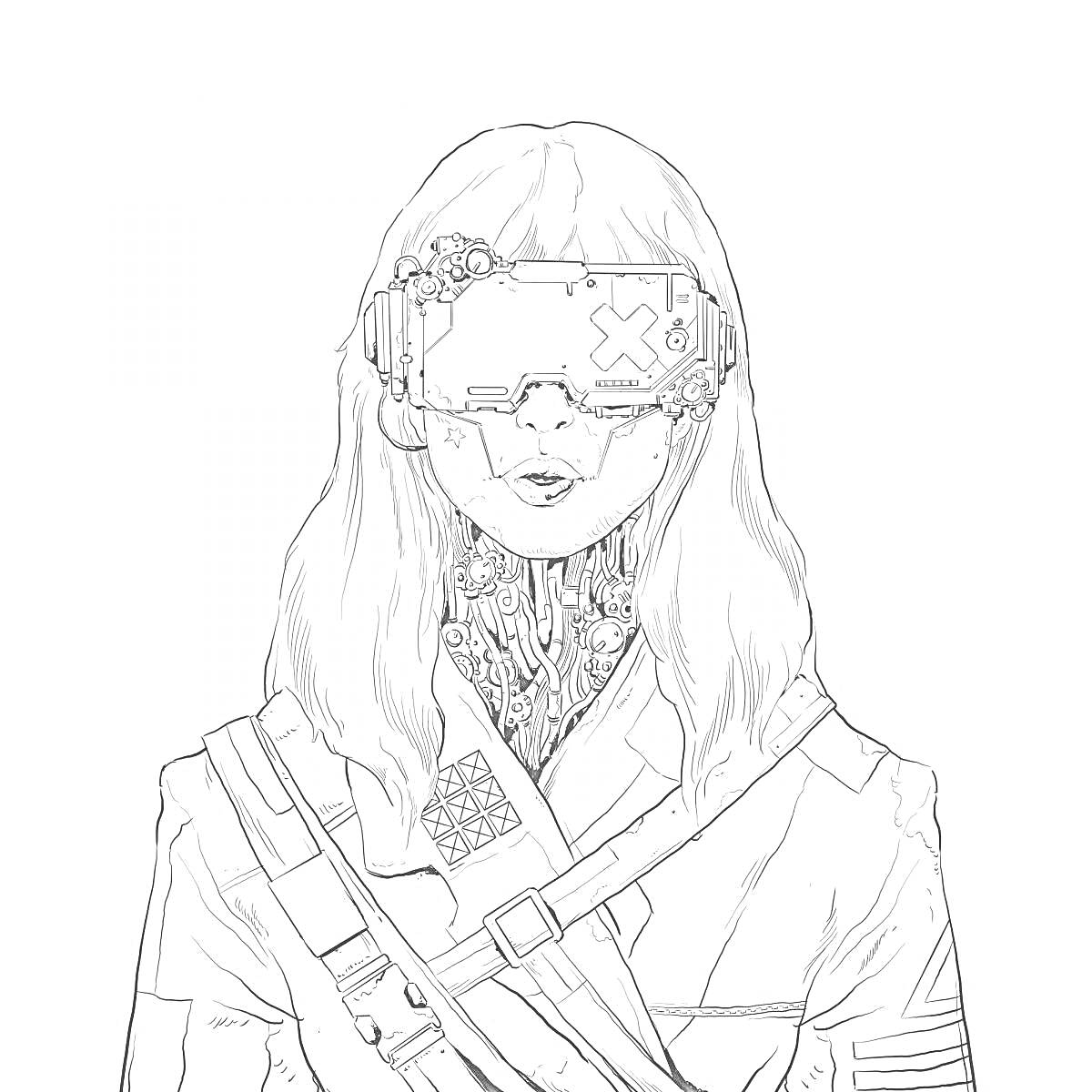 Раскраска киберпанк девушка с длинными волосами в кибер-очках с кибернетическим имплантом на шее и ремнями на костюме