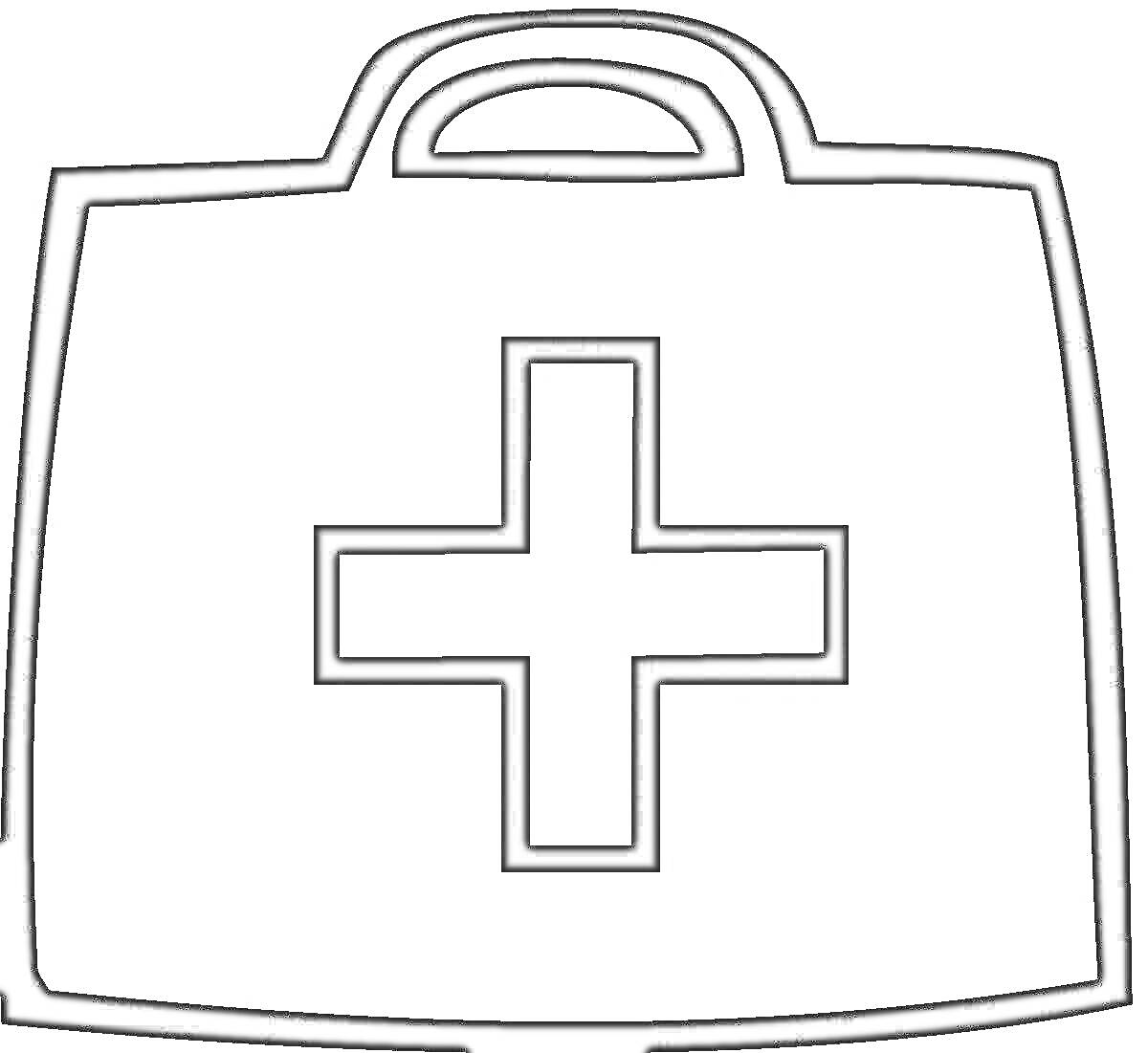 На раскраске изображено: Аптечка, Крест, Медицина, Медицинская сумка, Первая помощь, Здоровье