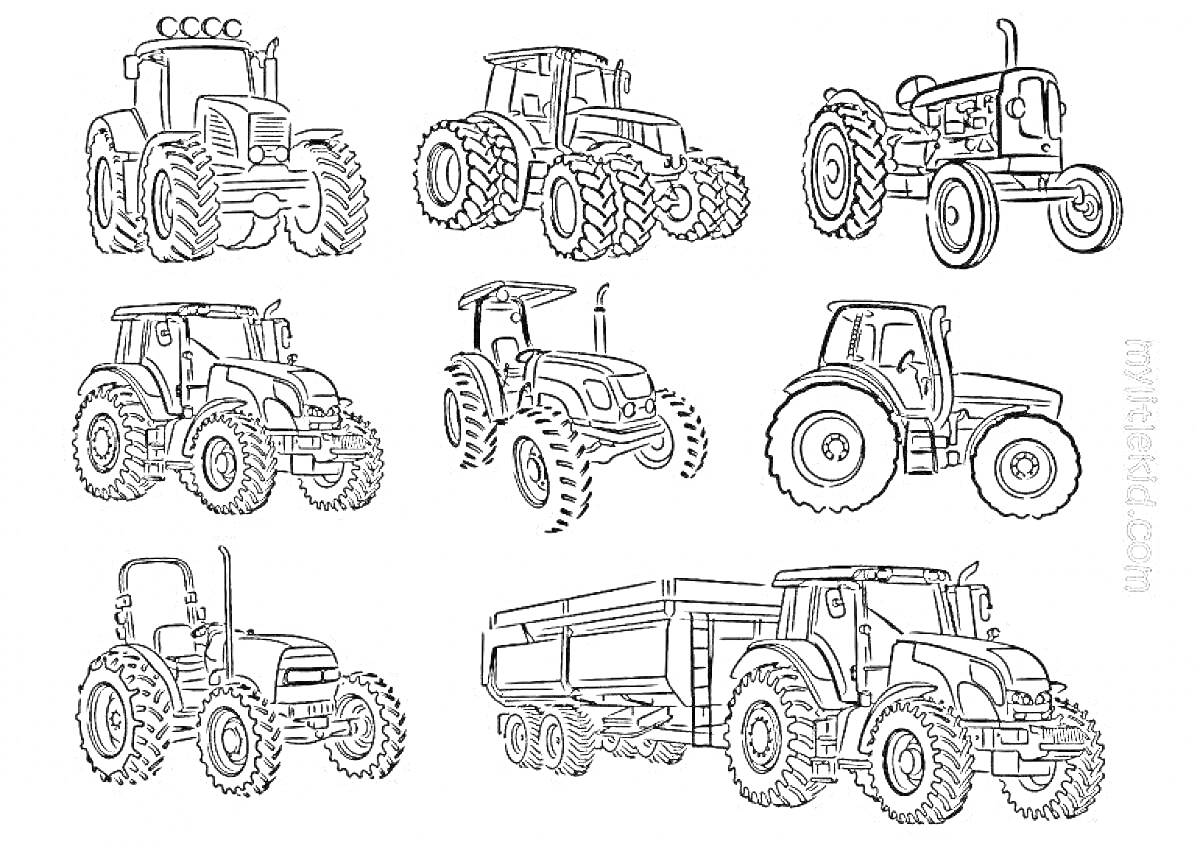 Раскраска Тракторы и трактор с бочкой, набор из восьми изображений