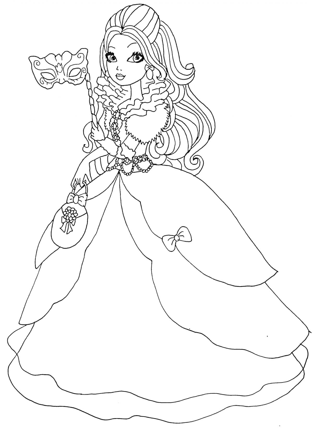Раскраска Девушка из Эвер Афтер Хай в пышном платье с оборками, держащая маску в правой руке и маленькую сумочку в левой