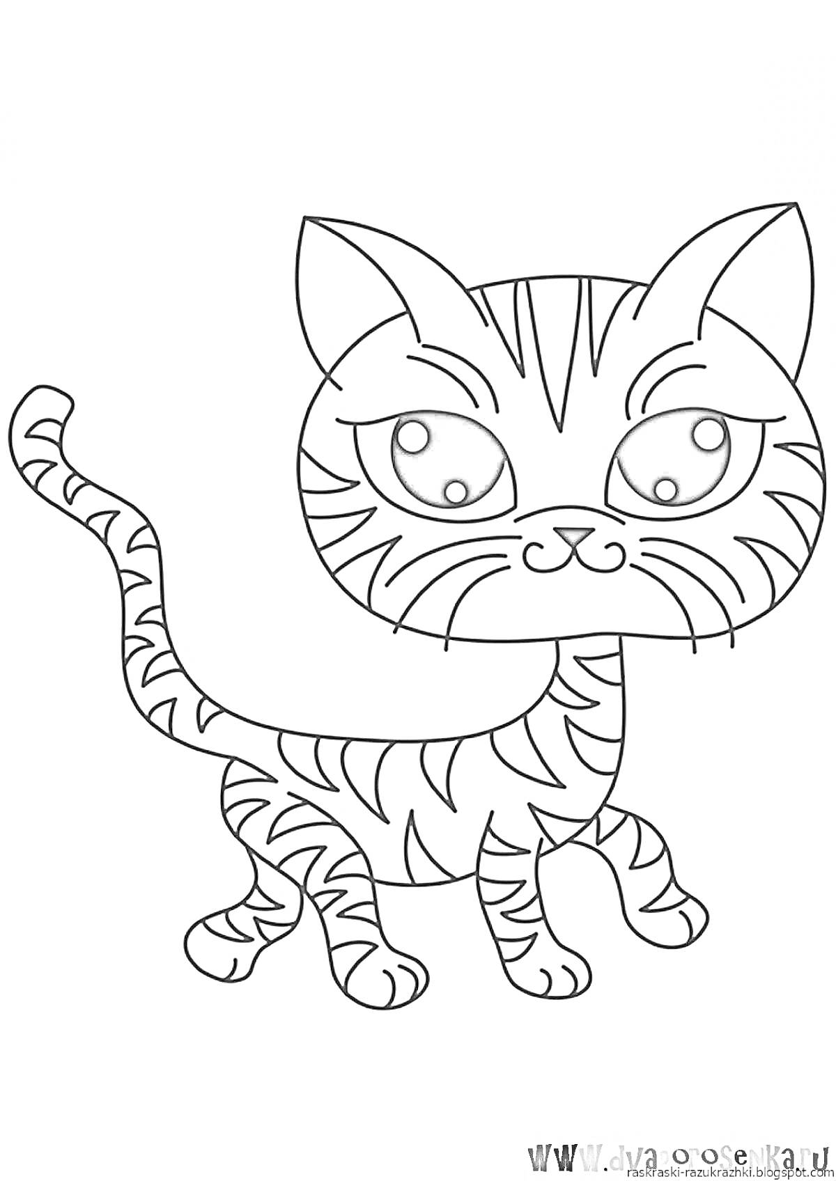 На раскраске изображено: Кот, Полосатый кот, Большие глаза, Животные, Питомец, Контурные рисунки