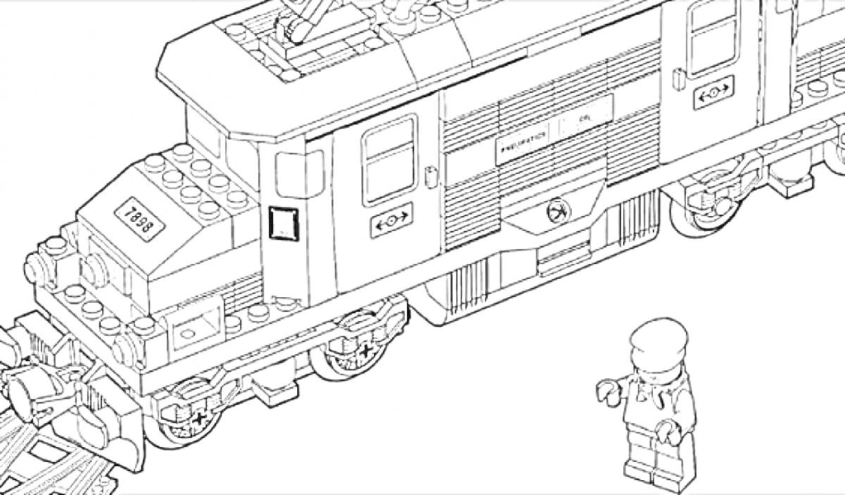 Раскраска Лего-поезд с фигуркой человечка и рельсами