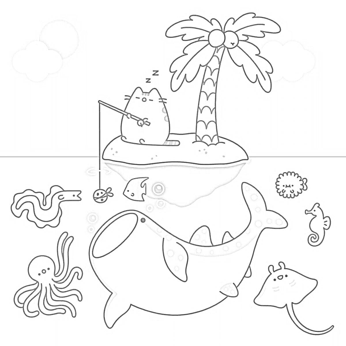 На раскраске изображено: Русалка, Остров, Удочка, Морские животные, Рыба, Скат, Морской конек, Море