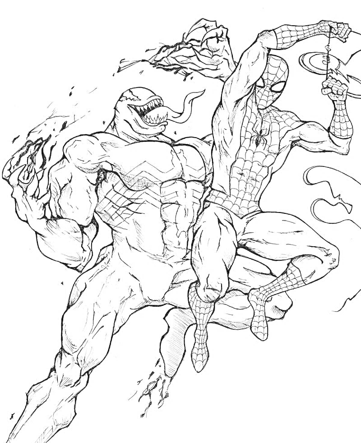 Раскраска Человек-паук с паутиной и Веном с высунутым языком в боевой стойке
