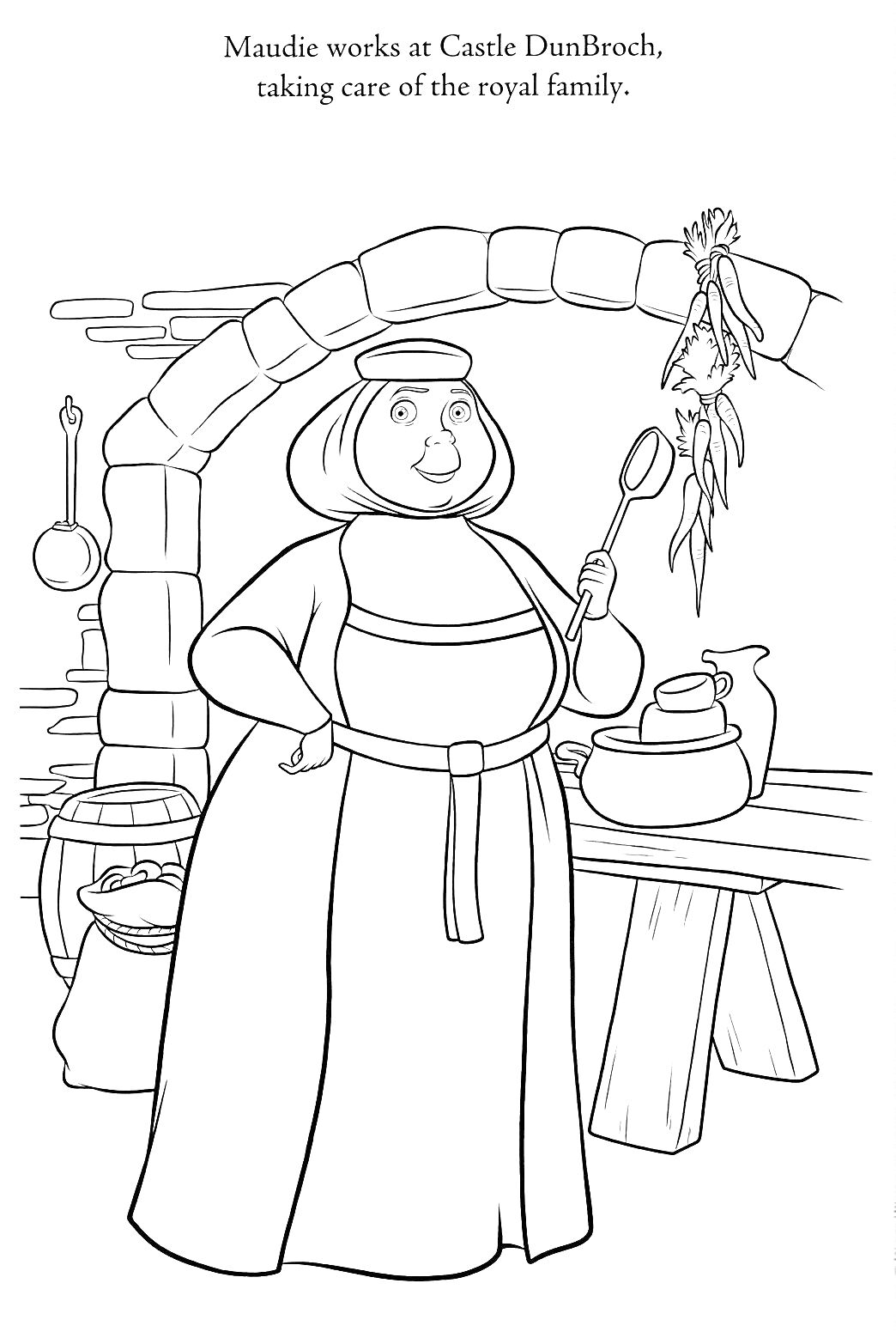 Раскраска Женщина с поварешкой в замке у очага, горшок и стол