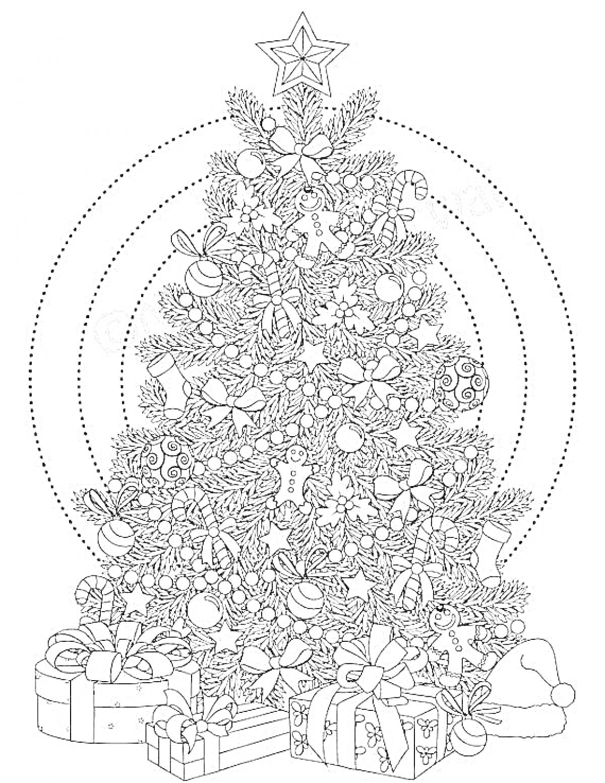 Раскраска Новогодняя ёлка с украшениями и подарками