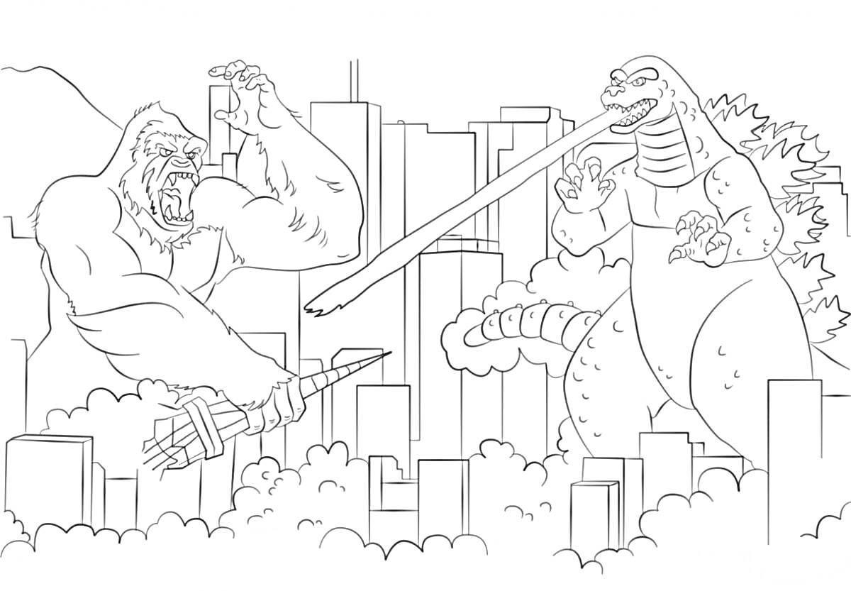 Раскраска Битва между гигантской обезьяной и Годзиллой в городе