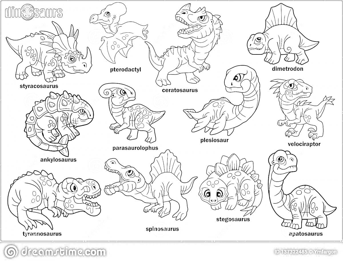 На раскраске изображено: Карнотавр, Стегозавр, Анкилозавр, Паразауролоф, Плезиозавр, Велоцираптор, Аллозавр, Спинозавр, Диплодок