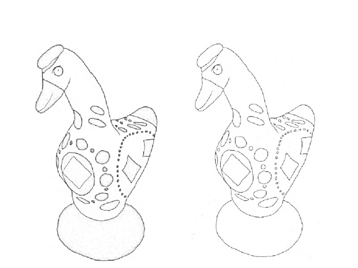Раскраска Дымковская игрушка утка с узорами на подставке