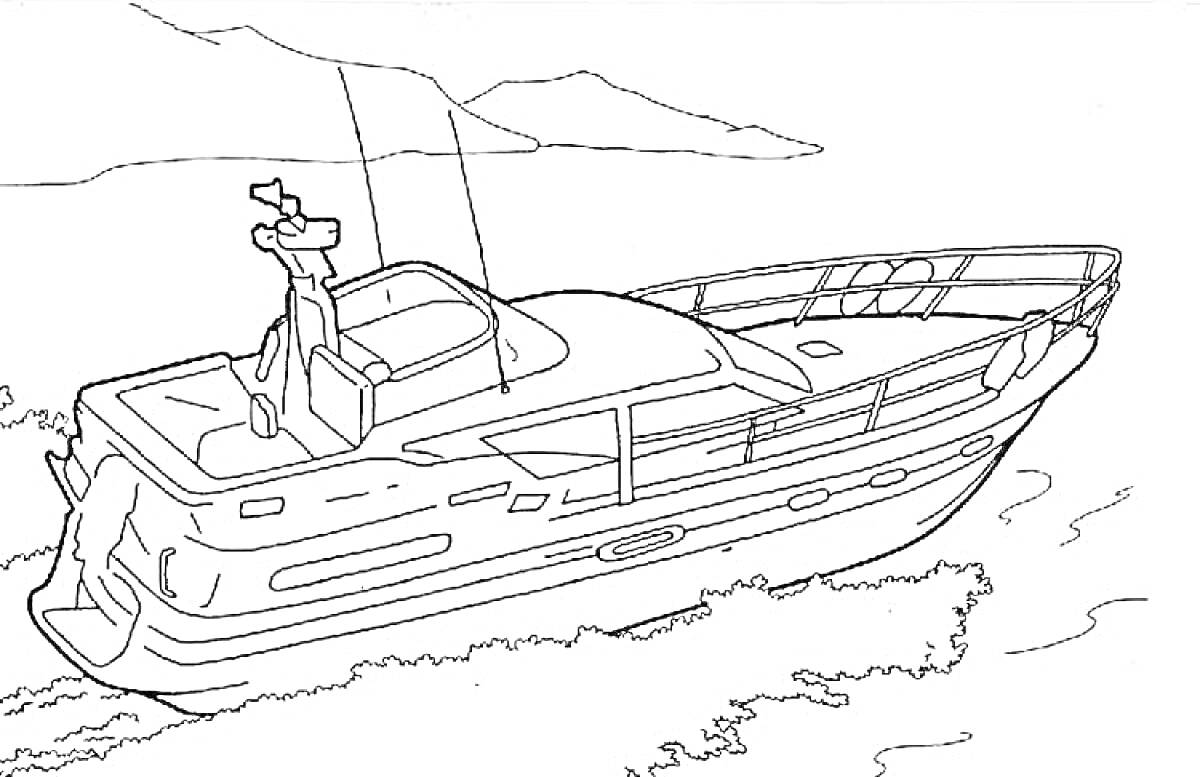 На раскраске изображено: Лодка, Море, Вода, Судно, Природа, Иллюстрация, Горы, Канаты