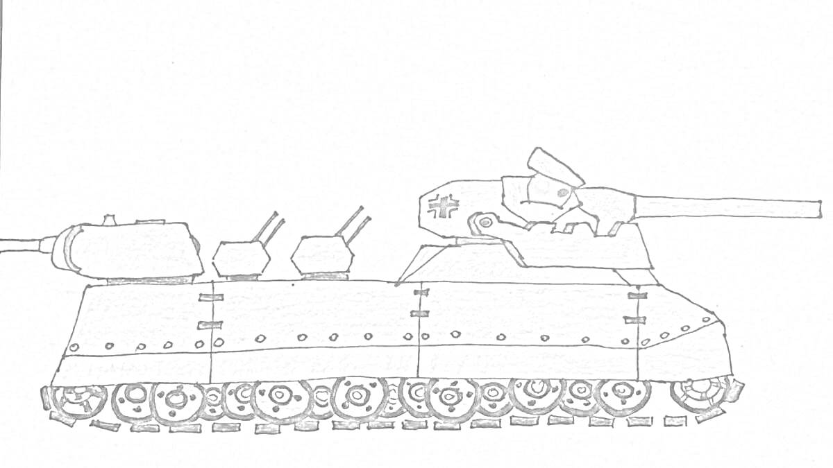Раскраска Рисунок танка Ратте с гусеницами, башней с пушкой и дополнительными элементами