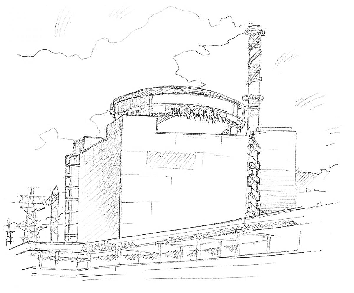 Чернобыльская атомная электростанция с трубами и облаками на заднем плане.