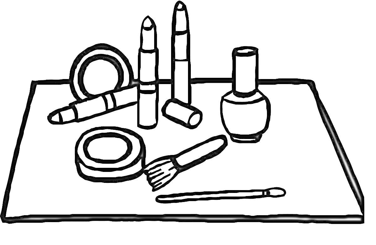 Раскраска Косметика на столе: помада, тени, кисть, лак для ногтей, ватная палочка