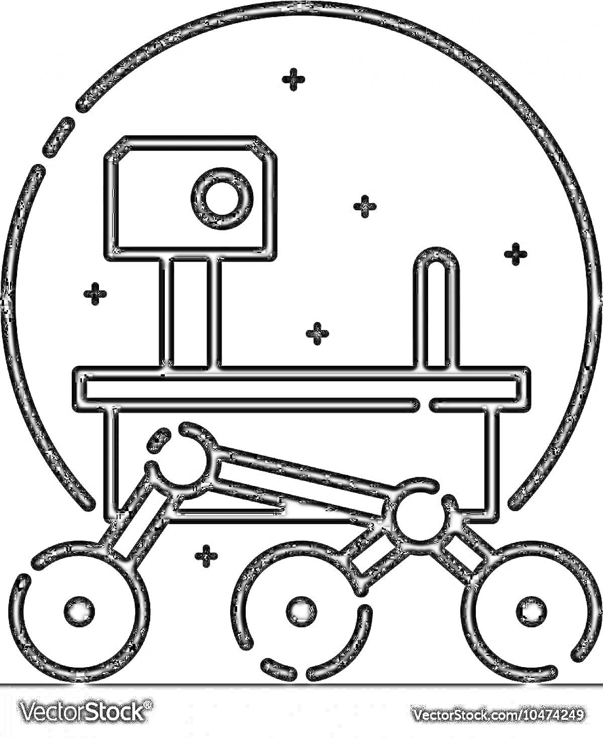 Раскраска Марсоход с антеннами и колесами на фоне звездного неба