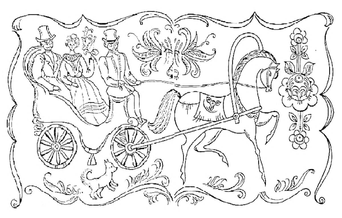 Раскраска Городецкая роспись с каретой, двумя мужчинами, женщиной, лошадью и собакой, украшенная цветочными элементами