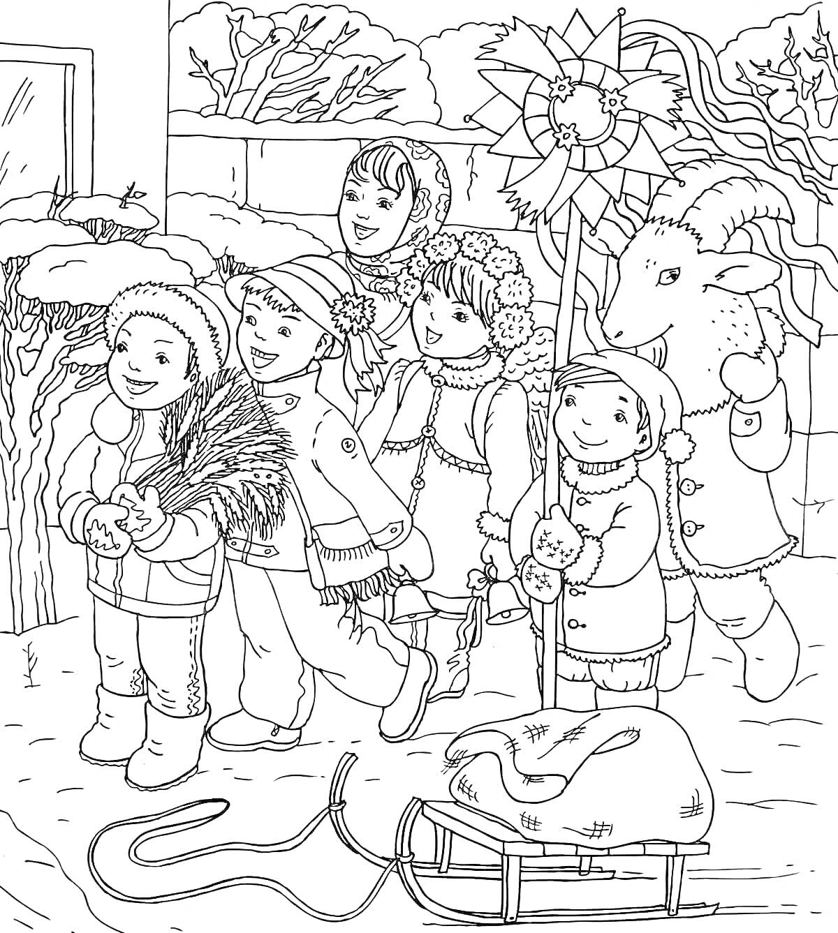 На раскраске изображено: Коляда, Рождество, Рождественская звезда, Сани, Зима, Традиции