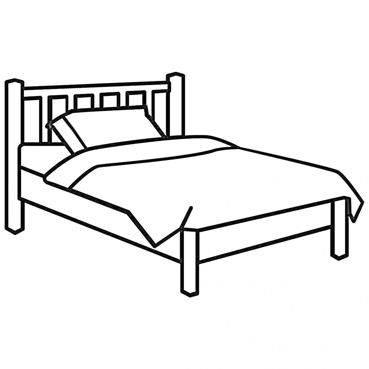 На раскраске изображено: Подушка, Одеяло, Спальня, Мебель, Контурные рисунки, Кровати