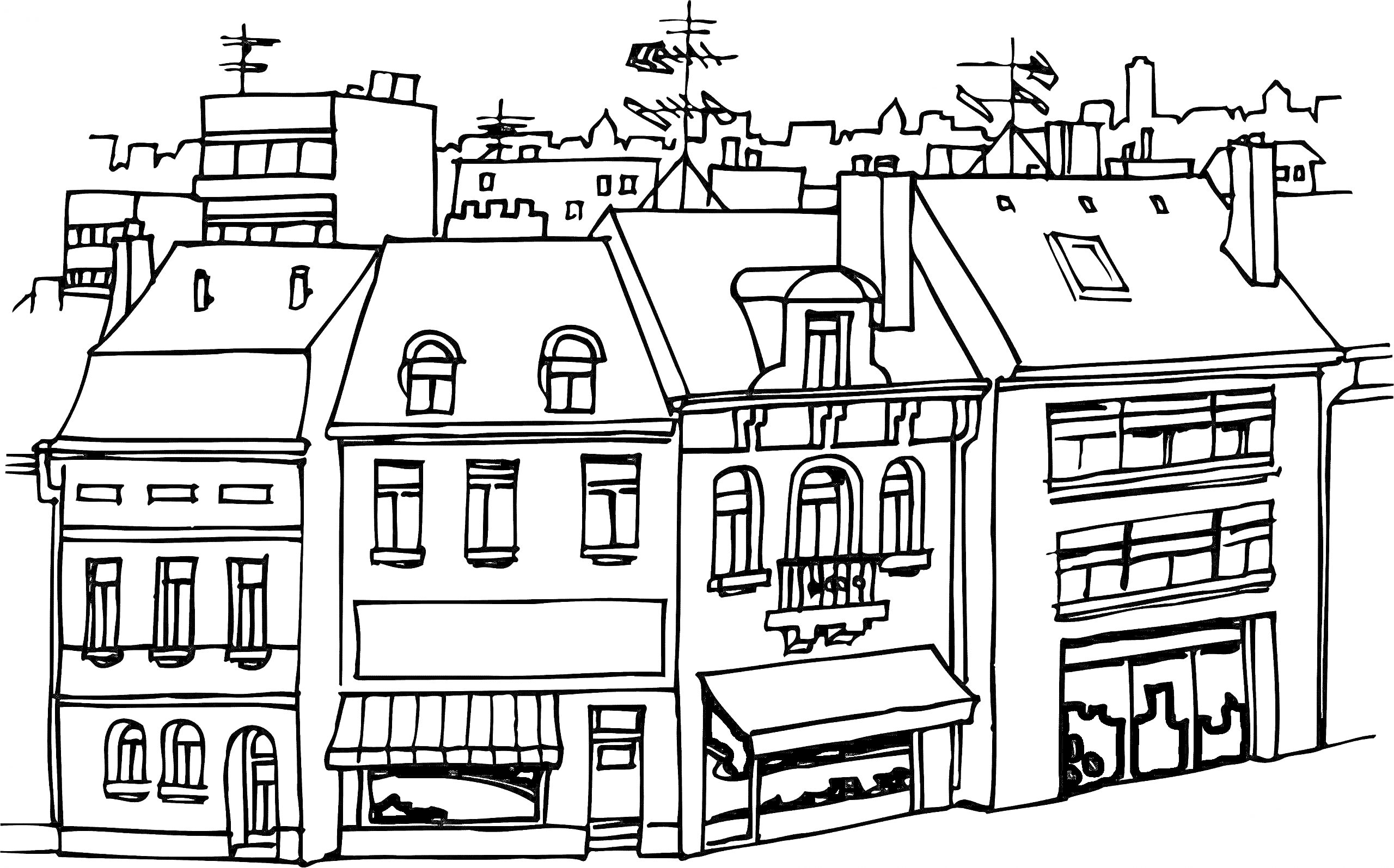 Городская улица с жилыми и коммерческими зданиями, витринами магазинов, мансардными окнами и антеннами на крышах