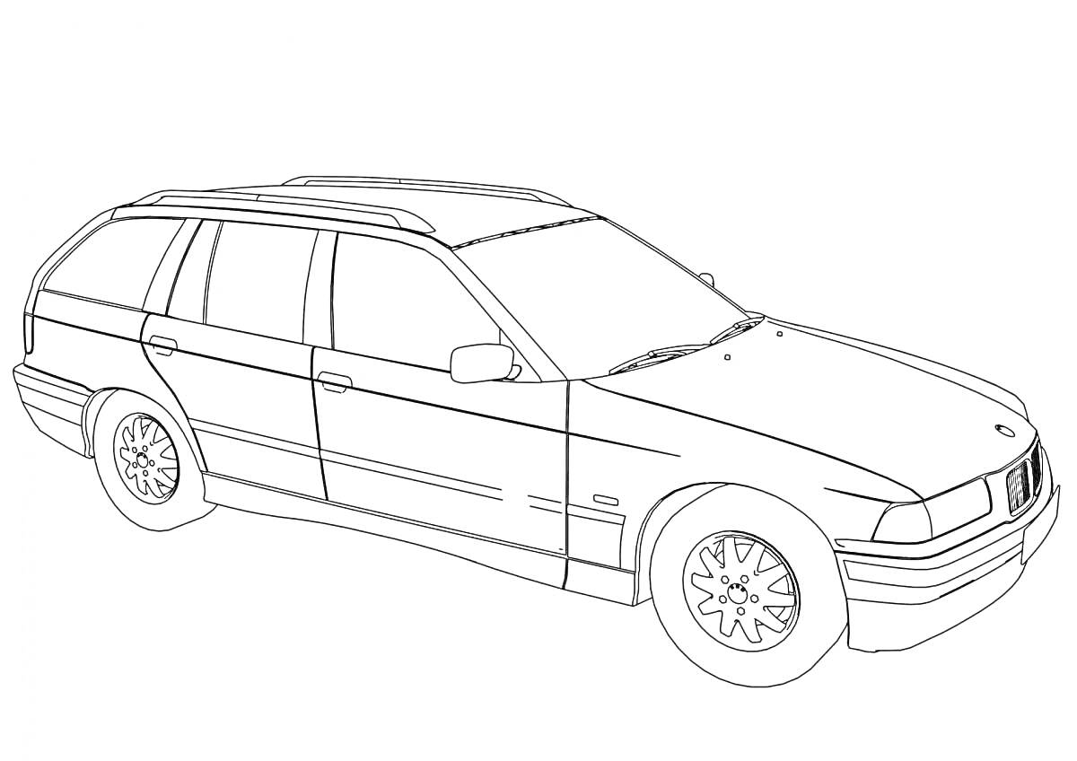 На раскраске изображено: Бмв, Универсал, Колёса, Кузов