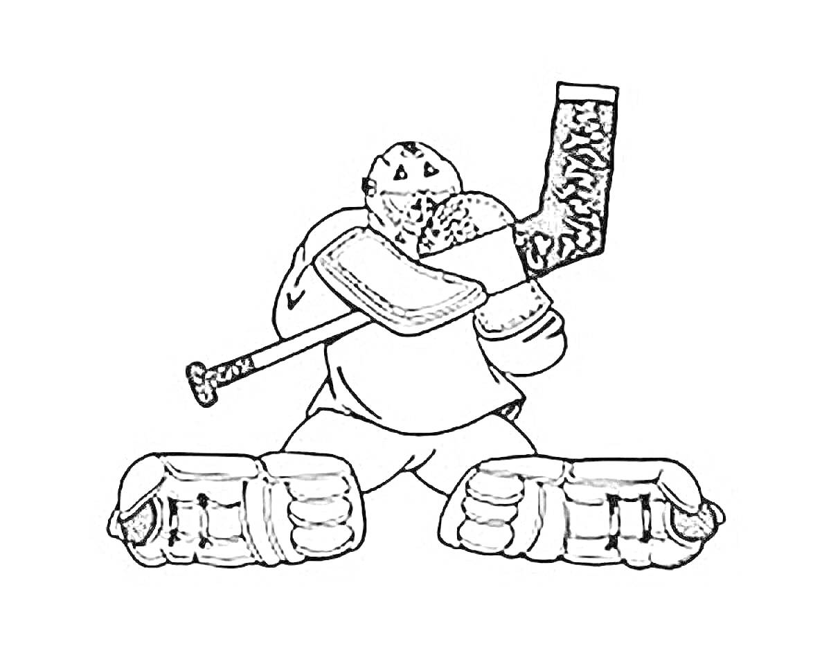 Раскраска Вратарь в хоккейной амуниции с клюшкой и щитками