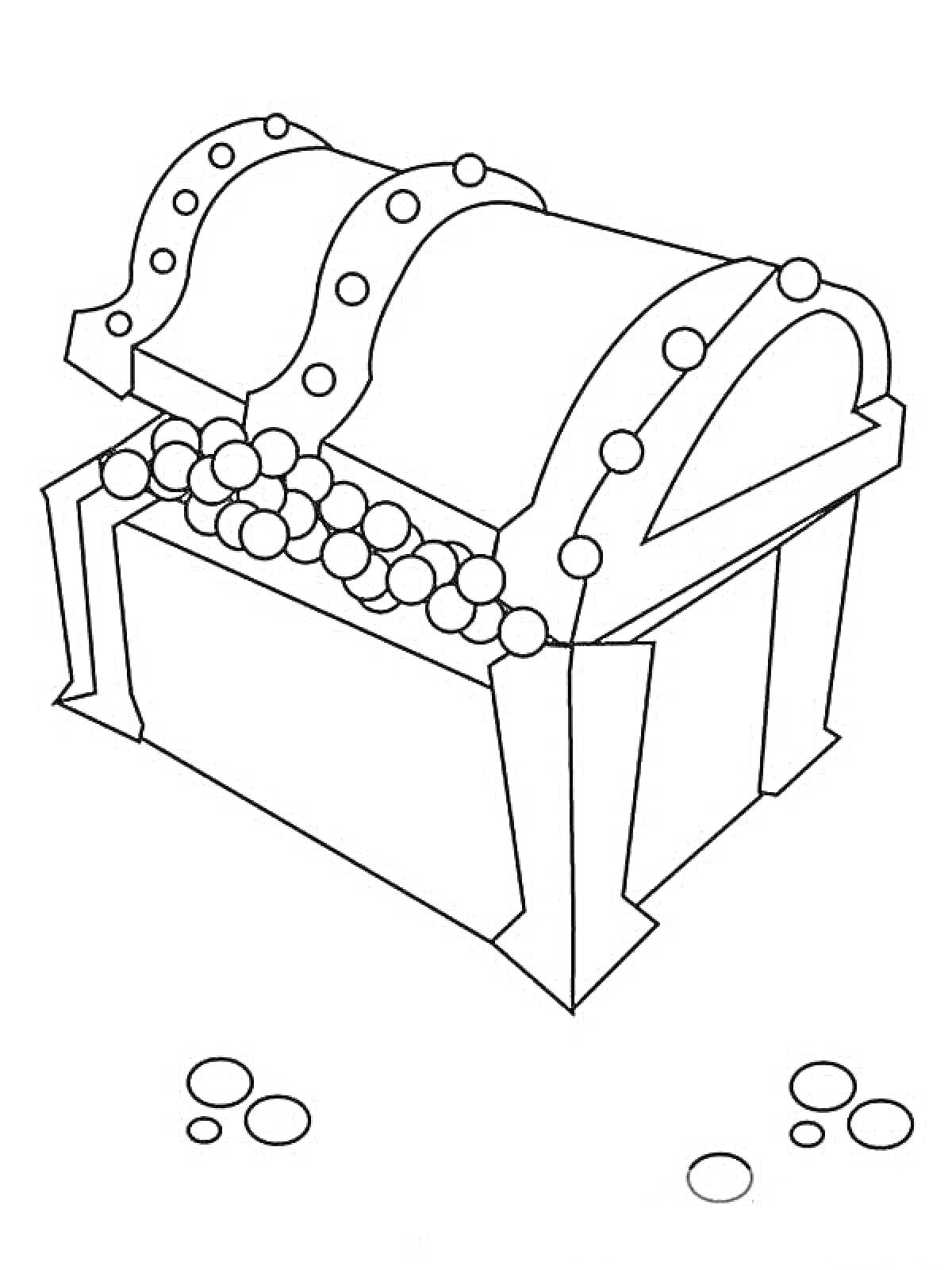 На раскраске изображено: Сокровища, Монеты, Драгоценности, Сундук с сокровищами, Разукрашка, Арка, Украшения