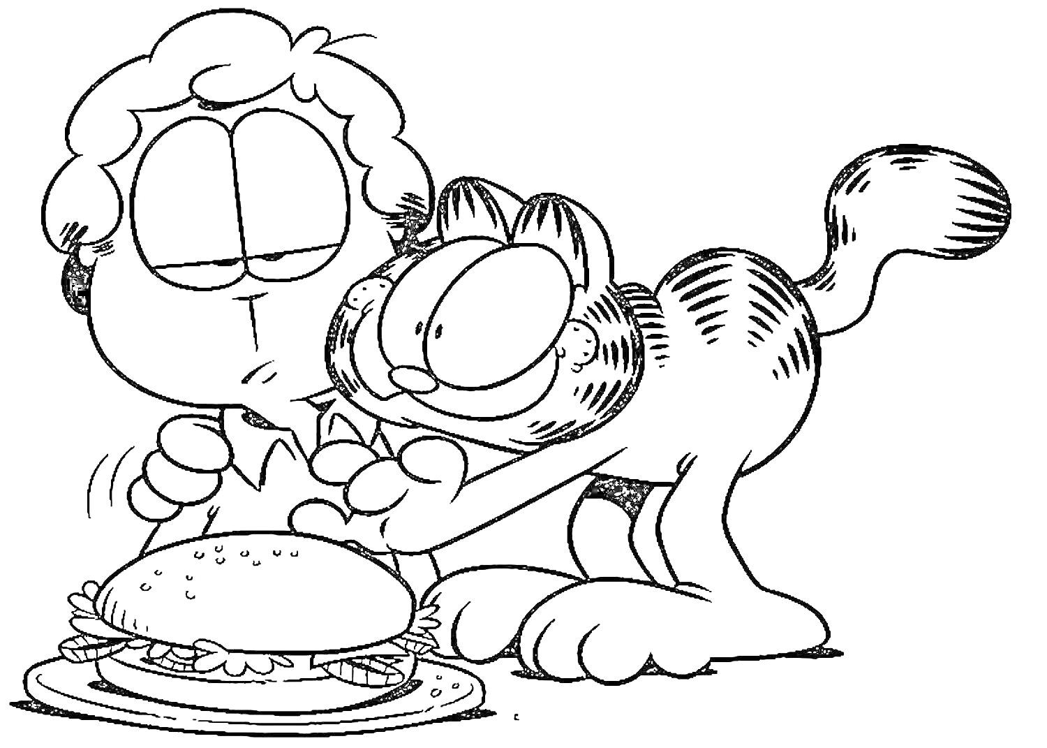 На раскраске изображено: Гарфилд, Кот, Сэндвич, Человек, Еда, Комический персонаж, Юмор