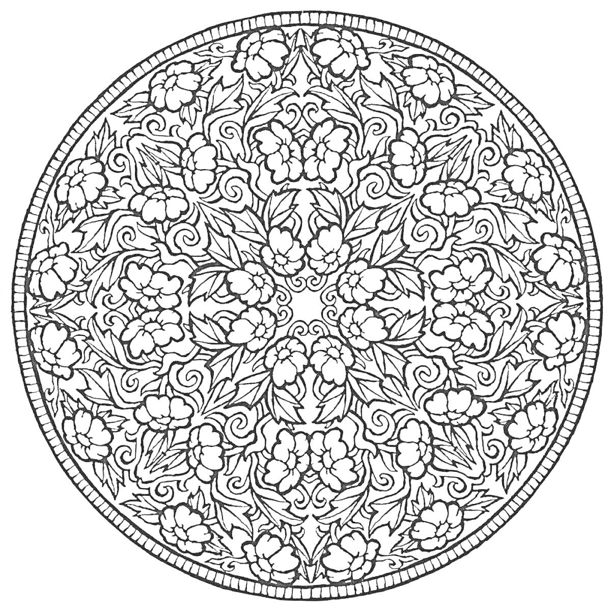 Раскраска Круглая мандала с цветами, листьями и узорами