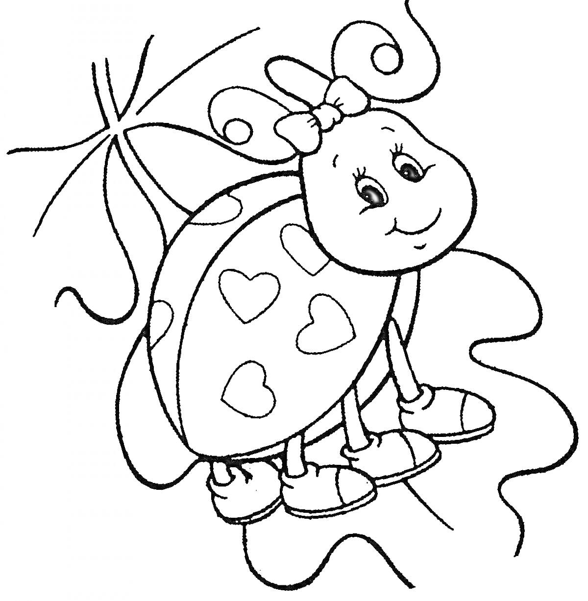 Божья коровка с бантиком и сердечками, на фоне растения и изогнутой линейной дорожки