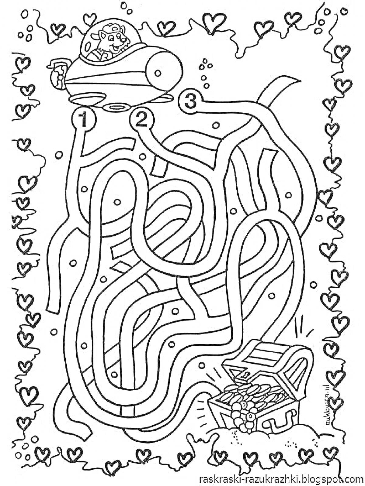 На раскраске изображено: Подводная лодка, Сундук с сокровищами, Подводный мир, Для детей, Сердца